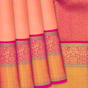 Light Peach Handloom Kanchipuram Korvai Silk Saree With Checks-Light Peach