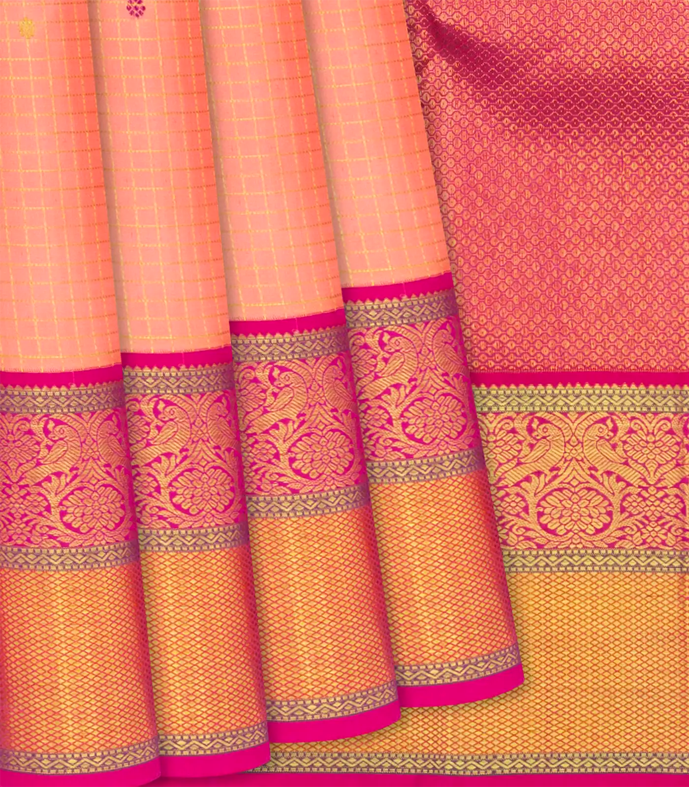 Light Peach Handloom Kanchipuram Korvai Silk Saree With Checks-Light Peach