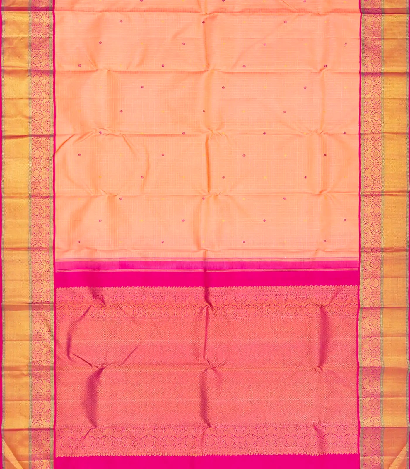 Light Peach Handloom Kanchipuram Korvai Silk Saree With Checks-Light Peach