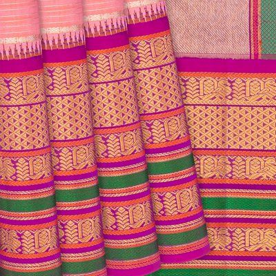 Light Peach Handloom Kanchipuram Korvai Silk Saree With Stripes-Light Peach