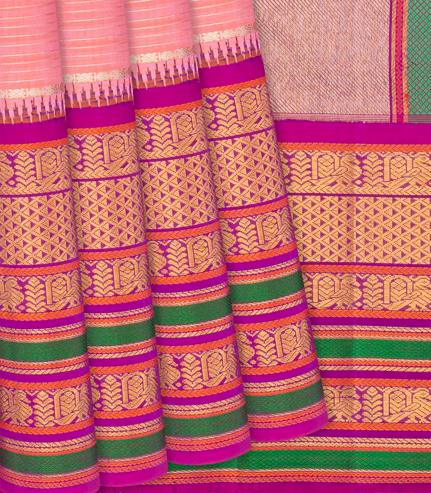Light Peach Handloom Kanchipuram Korvai Silk Saree With Stripes-Light Peach