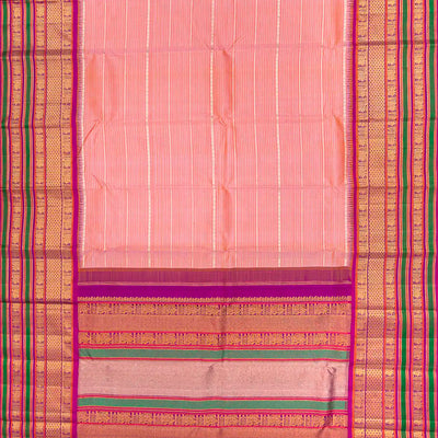 Light Peach Handloom Kanchipuram Korvai Silk Saree With Stripes-Light Peach