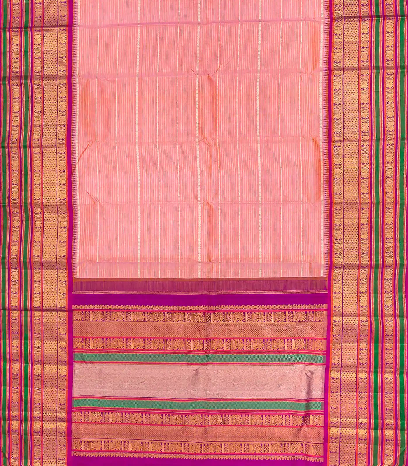 Light Peach Handloom Kanchipuram Korvai Silk Saree With Stripes-Light Peach