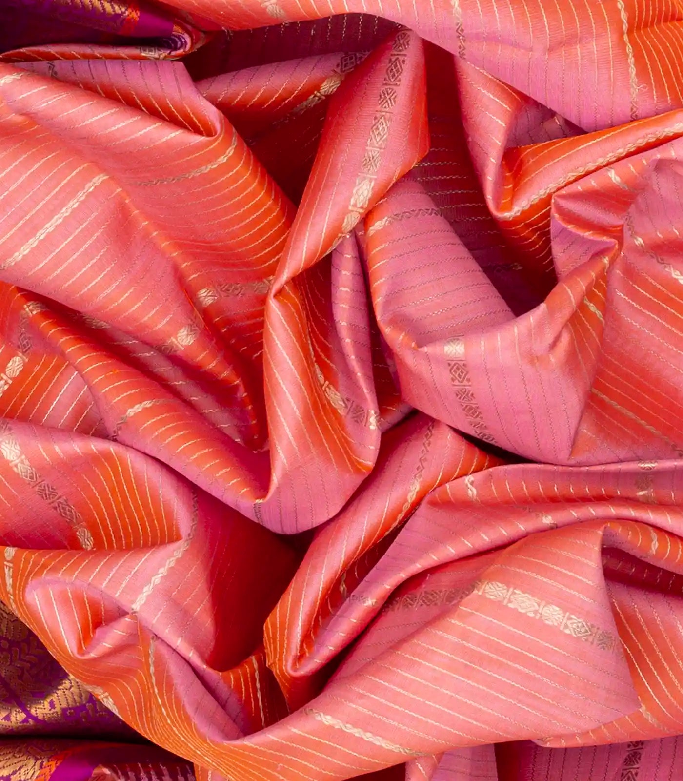 Light Peach Handloom Kanchipuram Korvai Silk Saree With Stripes-Light Peach