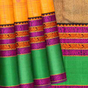 Yellow Handloom Kanchipuram Korvai Silk Saree With Checks & Buttas-Yellow