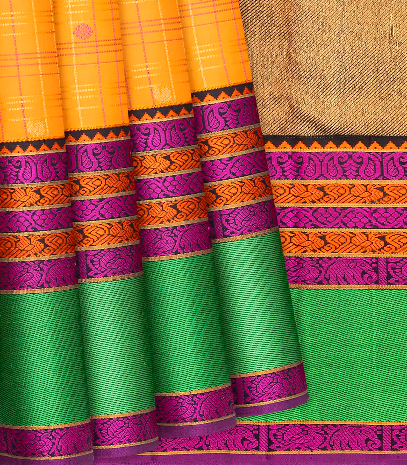 Yellow Handloom Kanchipuram Korvai Silk Saree With Checks & Buttas-Yellow