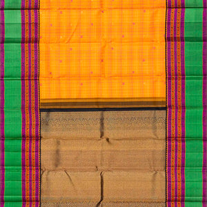 Yellow Handloom Kanchipuram Korvai Silk Saree With Checks & Buttas-Yellow