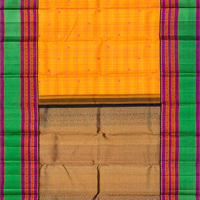 Yellow Handloom Kanchipuram Korvai Silk Saree With Checks & Buttas-Yellow