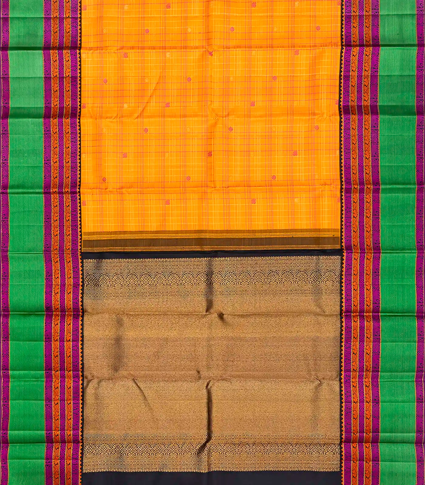 Yellow Handloom Kanchipuram Korvai Silk Saree With Checks & Buttas-Yellow