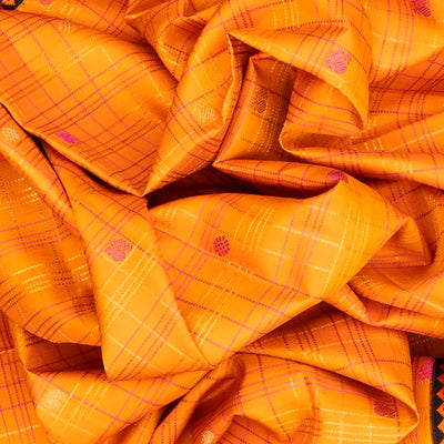 Yellow Handloom Kanchipuram Korvai Silk Saree With Checks & Buttas-Yellow