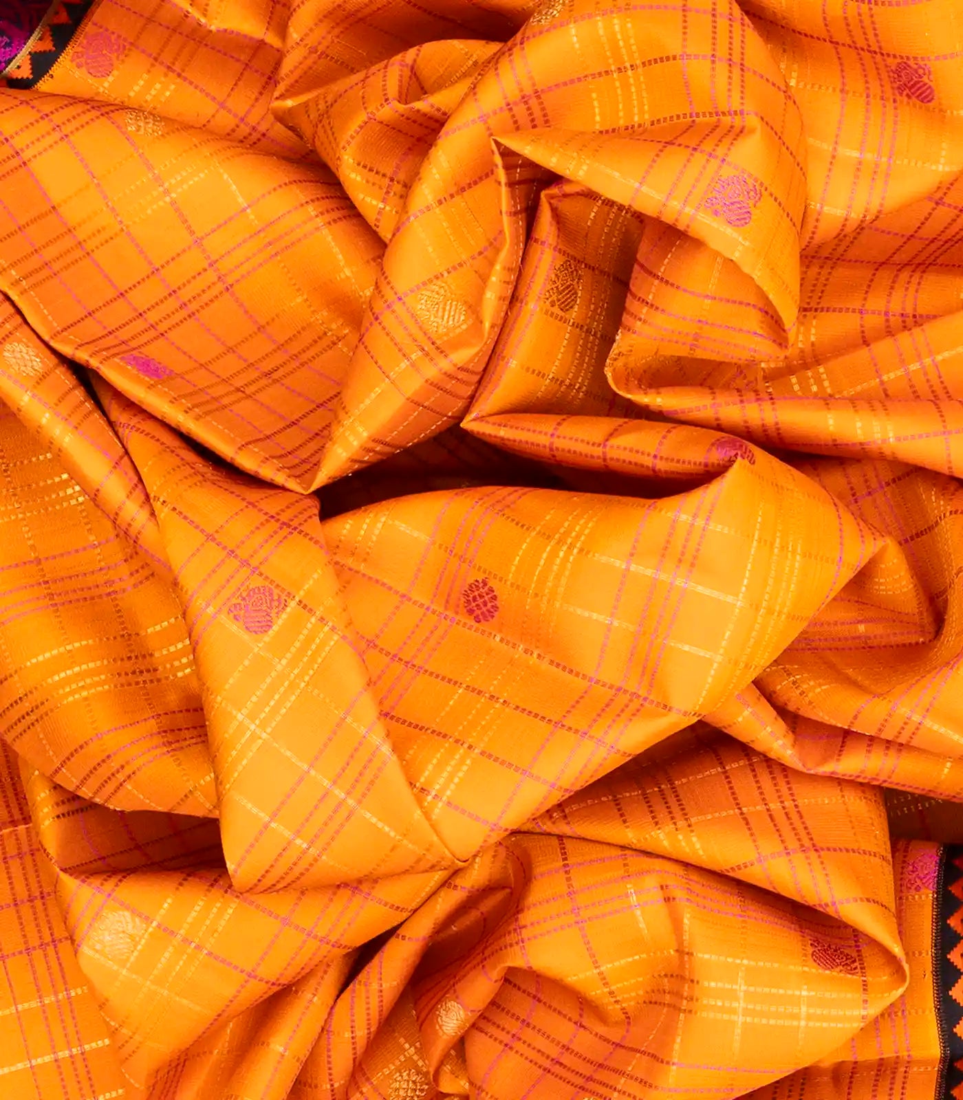 Yellow Handloom Kanchipuram Korvai Silk Saree With Checks & Buttas-Yellow