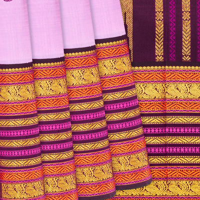 Baby Pink Handloom Kanchipuram Korvai Silk Saree With Maroon Border-Baby Pink