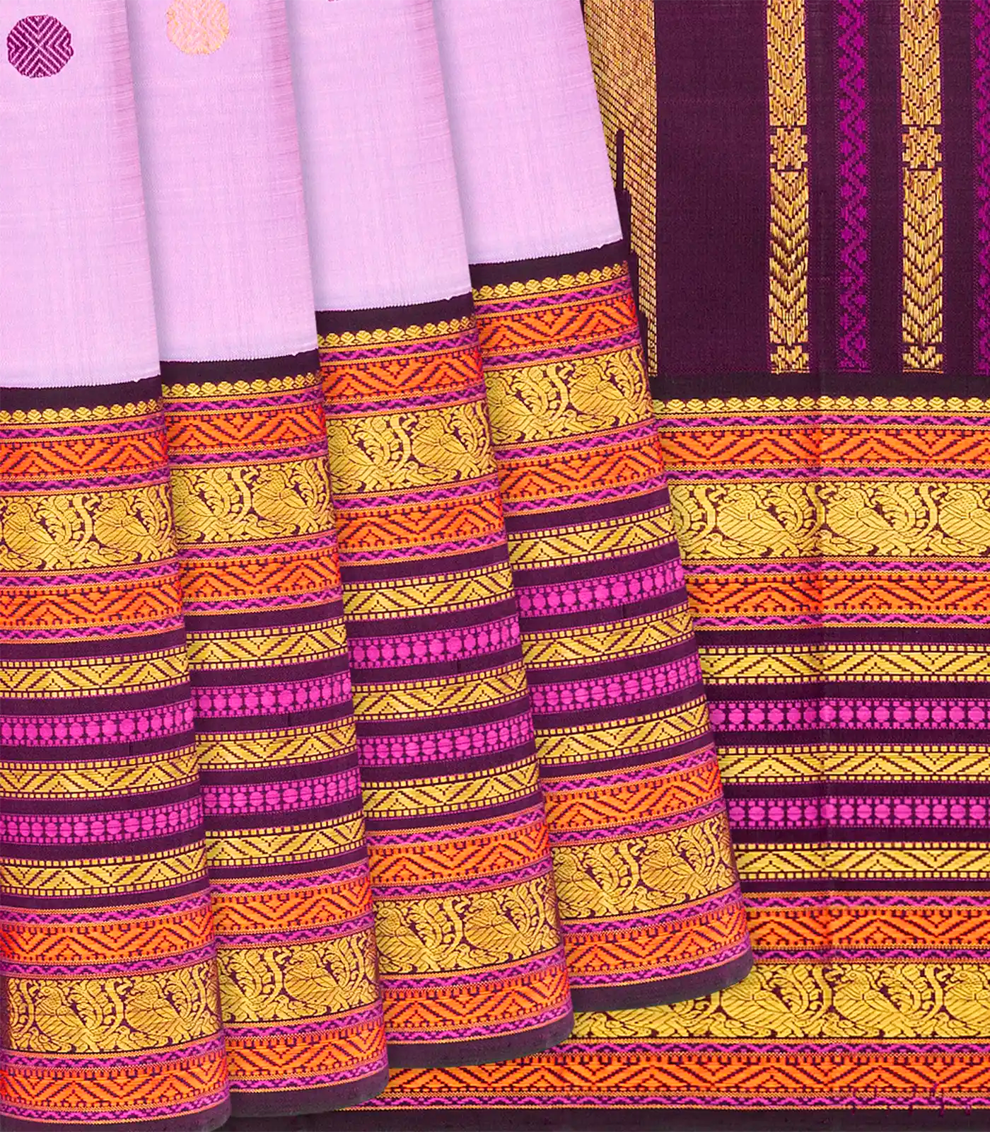 Baby Pink Handloom Kanchipuram Korvai Silk Saree With Maroon Border-Baby Pink