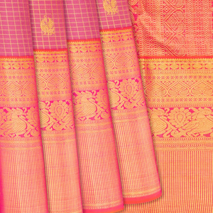 Dusty Pink Handloom Kanchipuram Silk Saree With Checks & Buttas-Dusty Pink