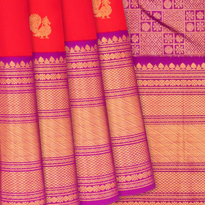 Red Handloom Kanchipuram Korvai Silk Saree With Buttas-Red