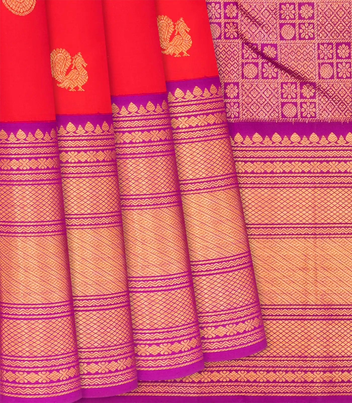 Red Handloom Kanchipuram Korvai Silk Saree With Buttas-Red