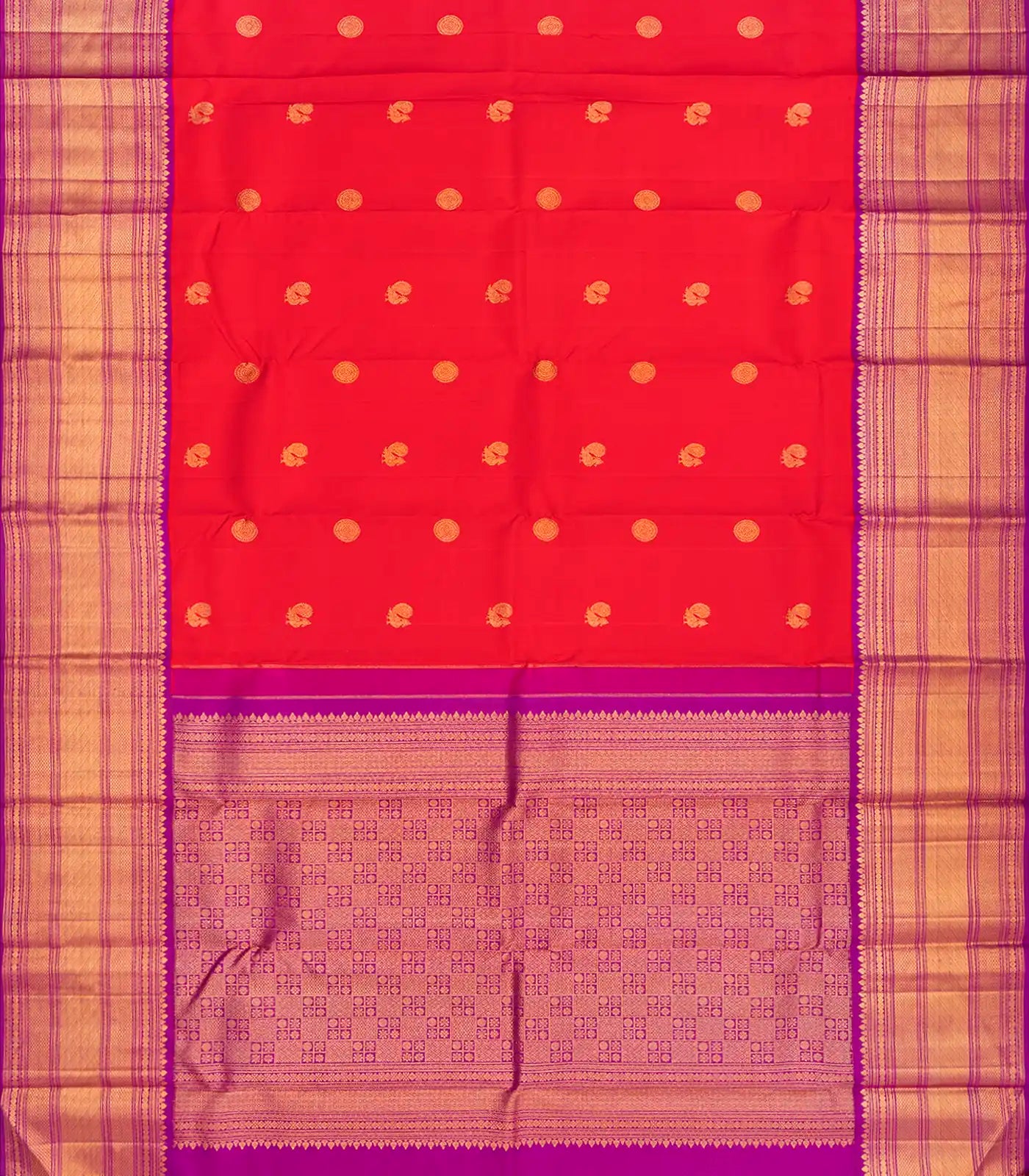 Red Handloom Kanchipuram Korvai Silk Saree With Buttas-Red