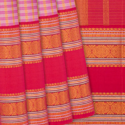Dusty Pink Handloom Kanchipuram Korvai Silk Saree With Checks-Dusty Pink