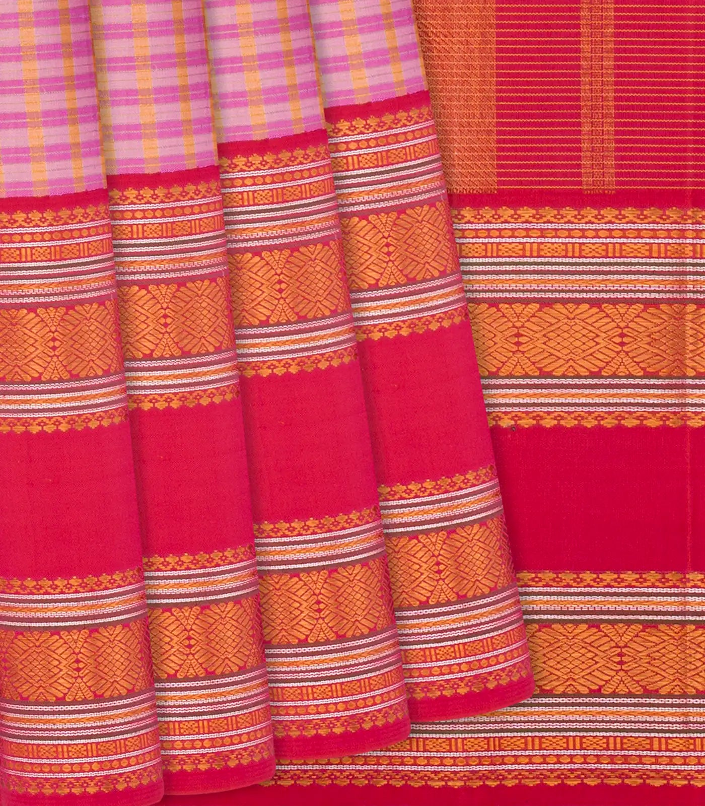 Dusty Pink Handloom Kanchipuram Korvai Silk Saree With Checks-Dusty Pink