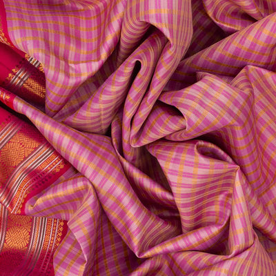 Dusty Pink Handloom Kanchipuram Korvai Silk Saree With Checks-Dusty Pink