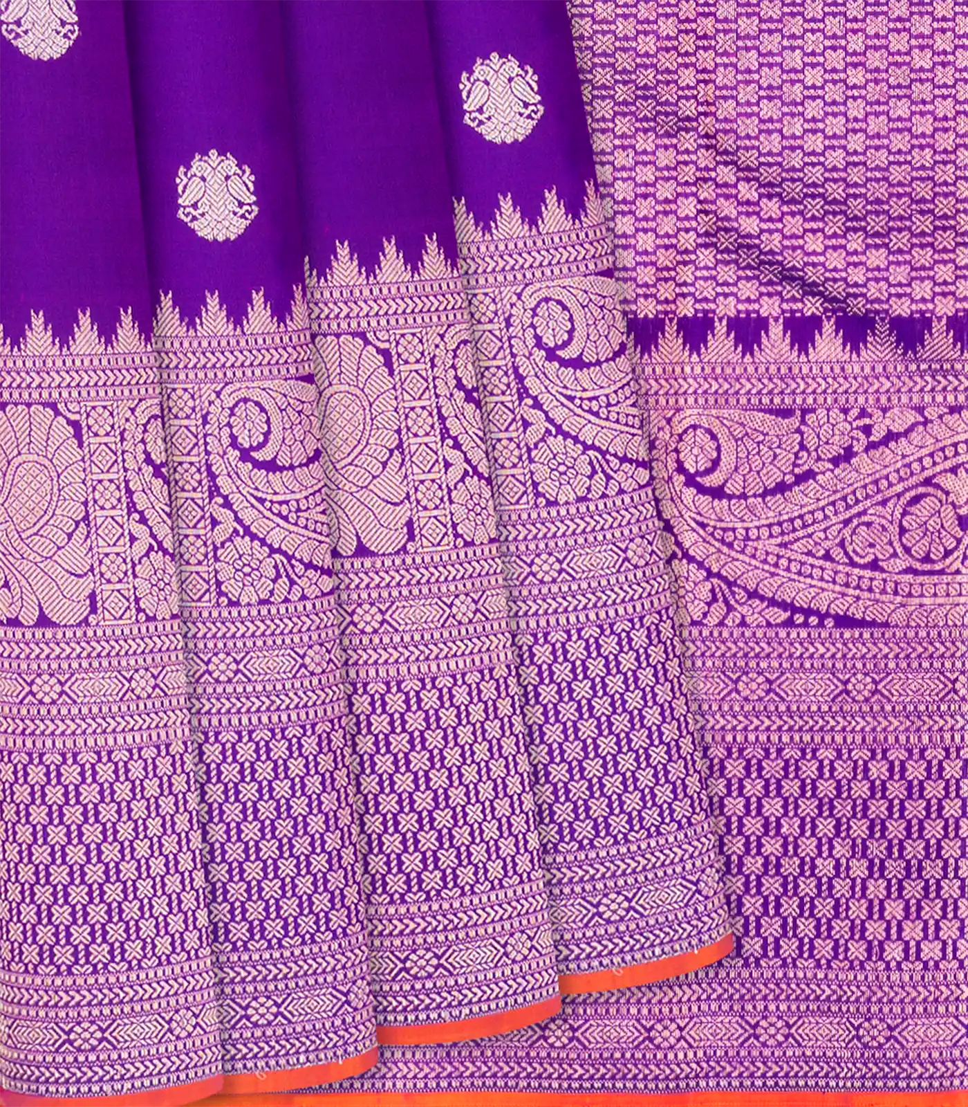 Purple Handloom Kanchipuram Silk Saree With Gandaberunda Motifs-Purple