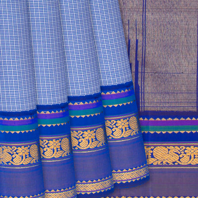 Light Blue Handloom Kanchipuram Korvai Silk Saree With Checks-Light Blue