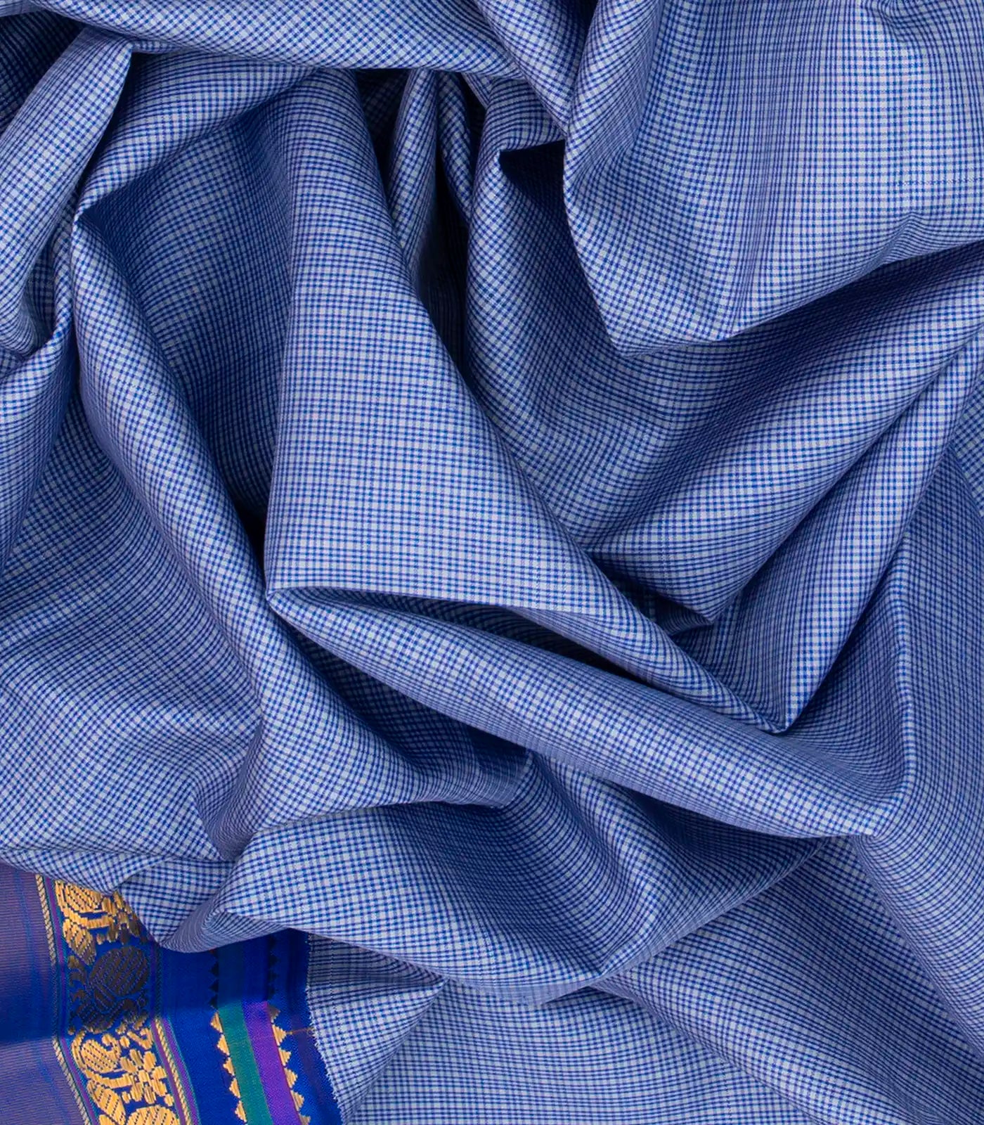 Light Blue Handloom Kanchipuram Korvai Silk Saree With Checks-Light Blue