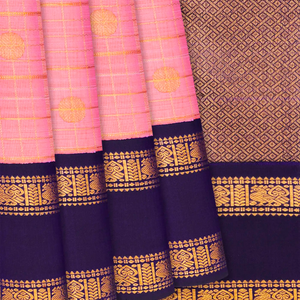 Light Peach Handloom Kanchipuram Korvai Silk Saree With Checks & Buttas-Light Peach