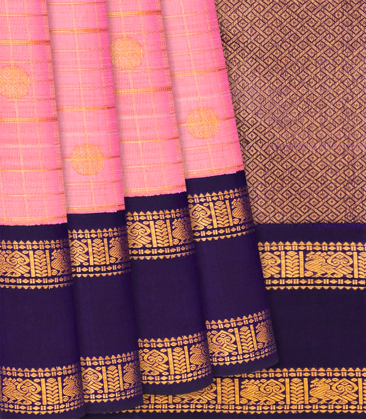 Light Peach Handloom Kanchipuram Korvai Silk Saree With Checks & Buttas-Light Peach