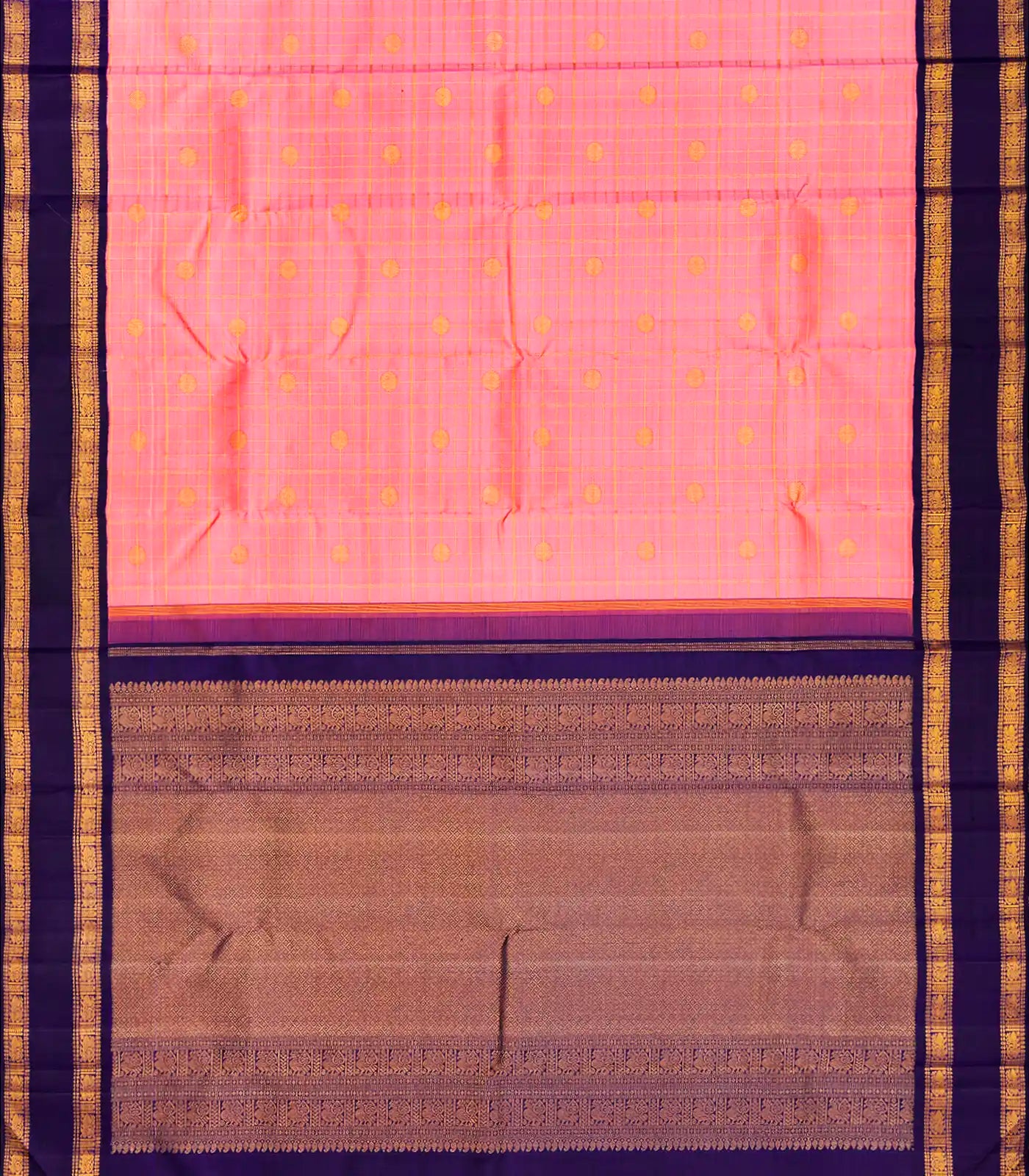 Light Peach Handloom Kanchipuram Korvai Silk Saree With Checks & Buttas-Light Peach