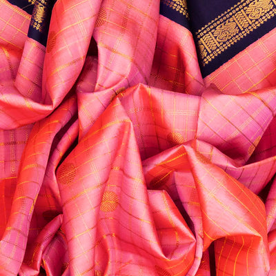Light Peach Handloom Kanchipuram Korvai Silk Saree With Checks & Buttas-Light Peach