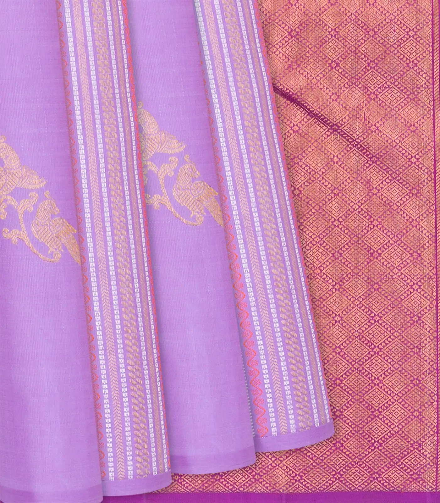Lavender Handloom Kanchipuram Silk Saree With Buttas & Stripes-Lavander