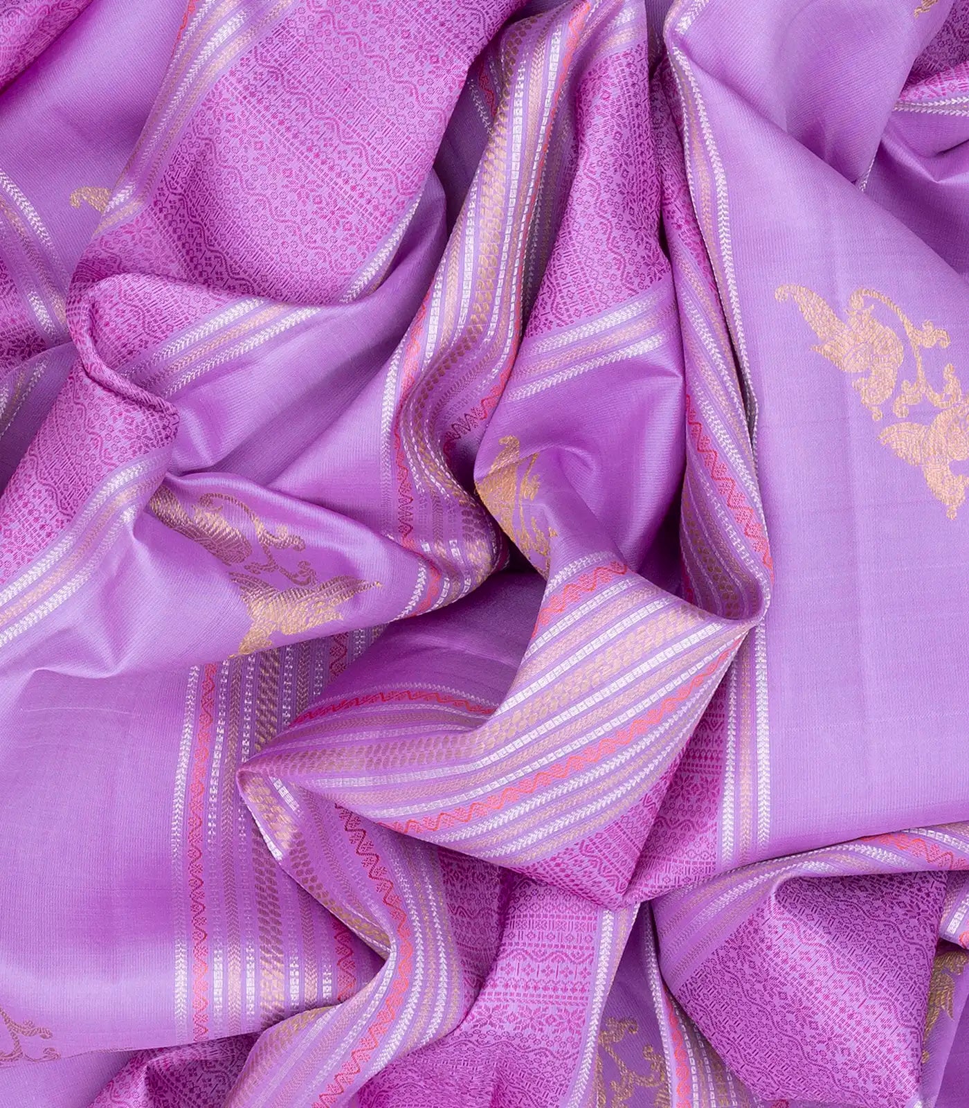 Lavender Handloom Kanchipuram Silk Saree With Buttas & Stripes-Lavander