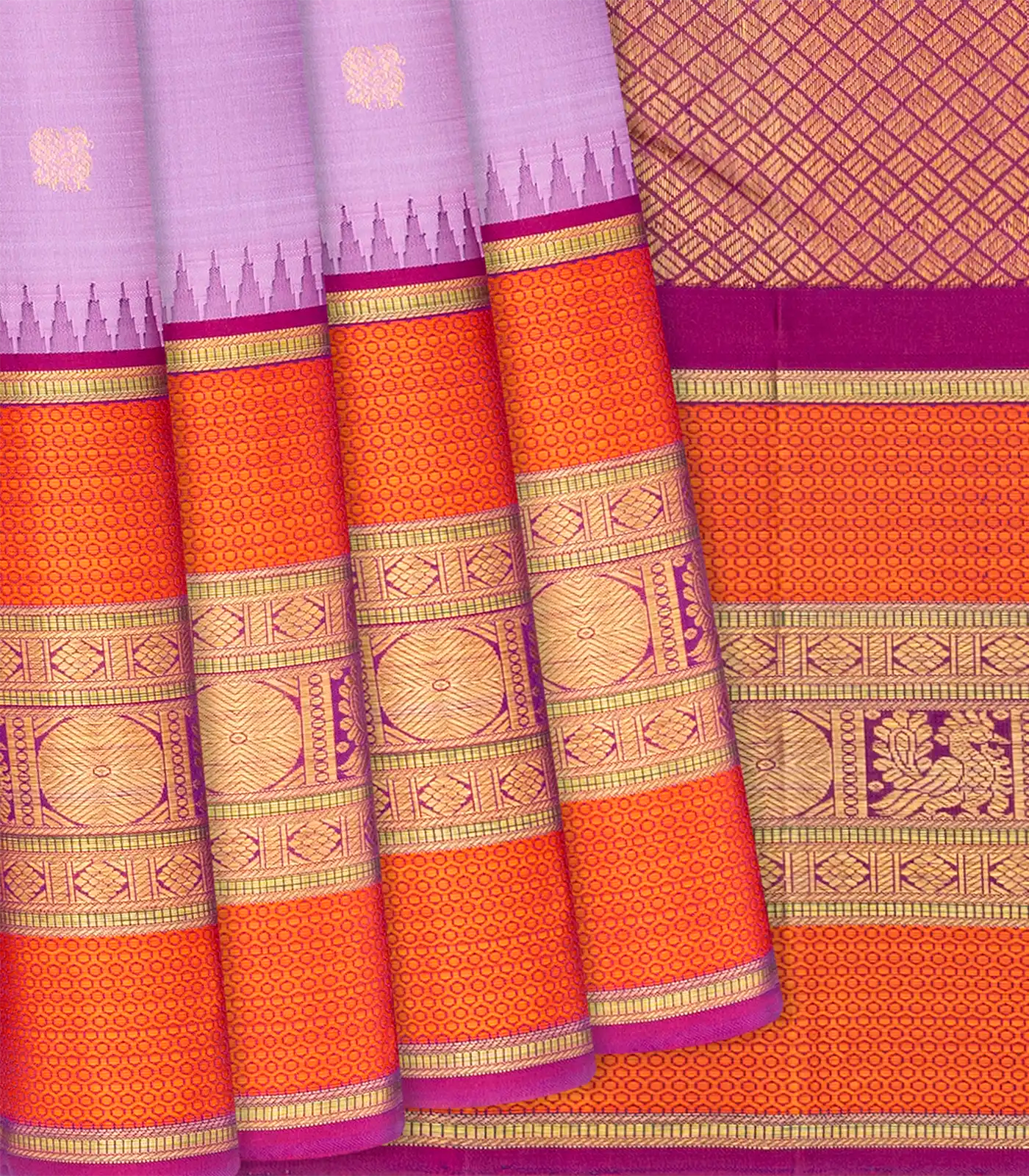 Lavender Handloom Kanchipuram Korvai Silk Saree With Buttas-Lavander