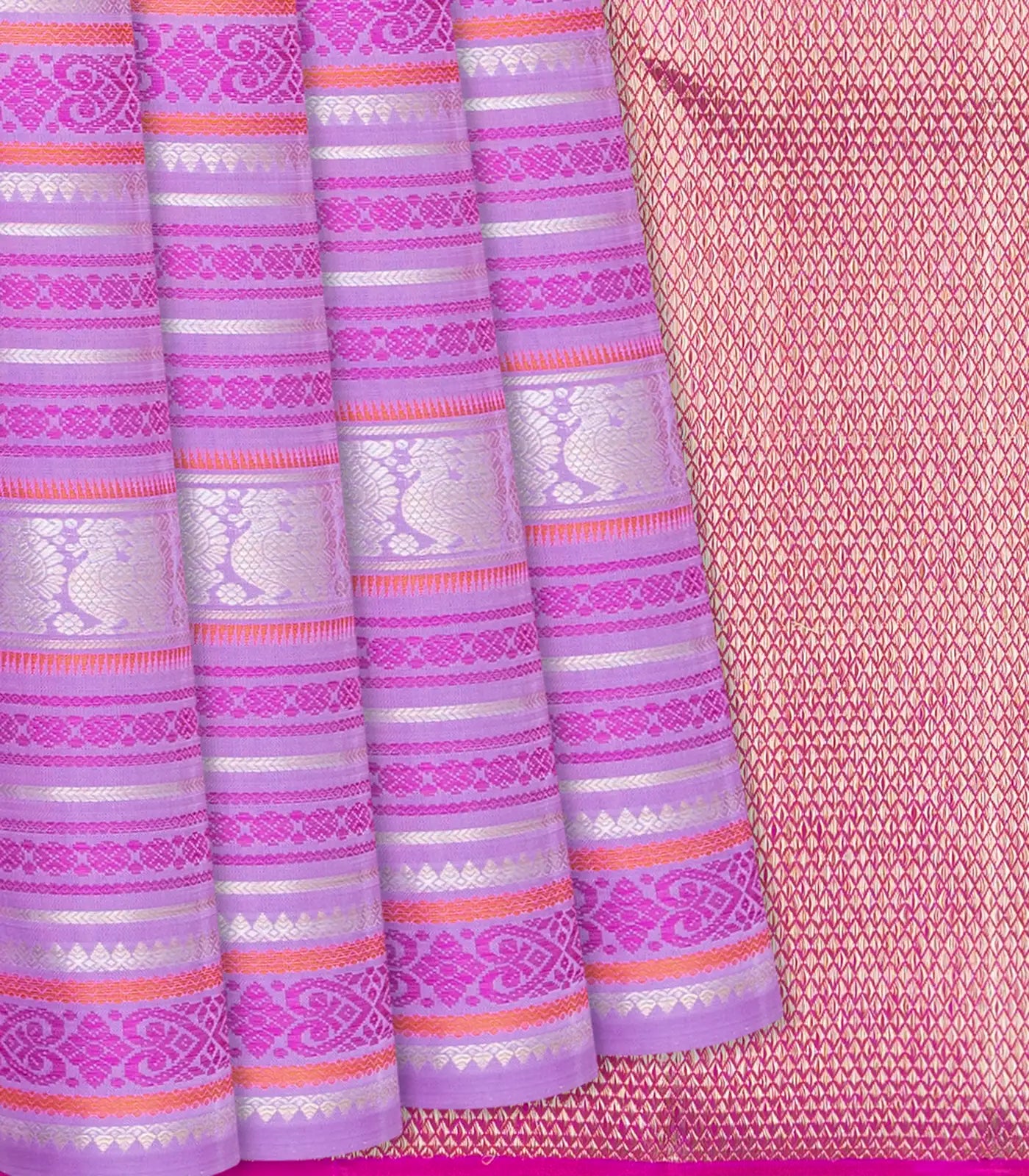 Lavender Handloom Kanchipuram Silk Saree With Stripes-Lavender