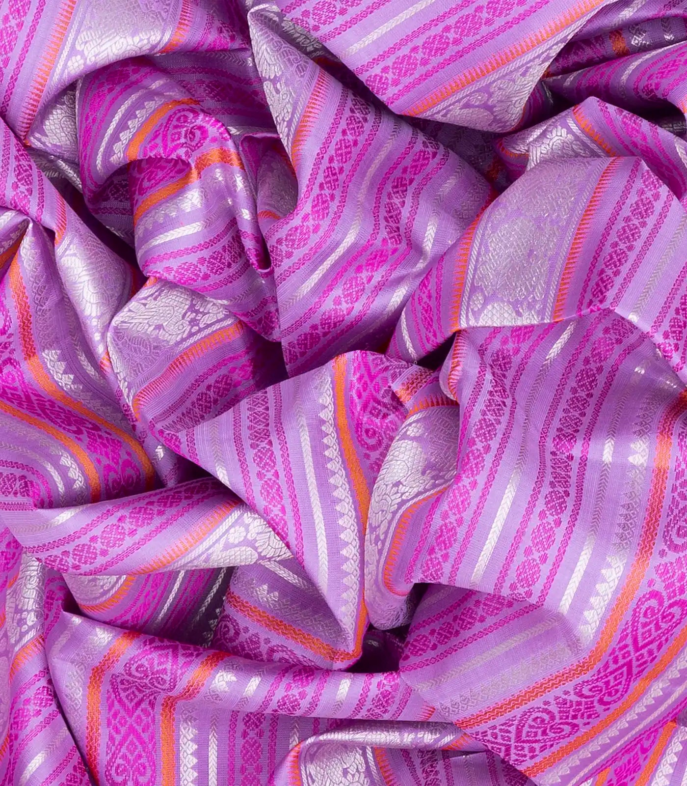 Lavender Handloom Kanchipuram Silk Saree With Stripes-Lavender