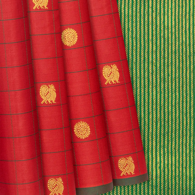 Crimson Handloom Kanchipuram Silk Saree With Annam Buttas & Checks-Crimson
