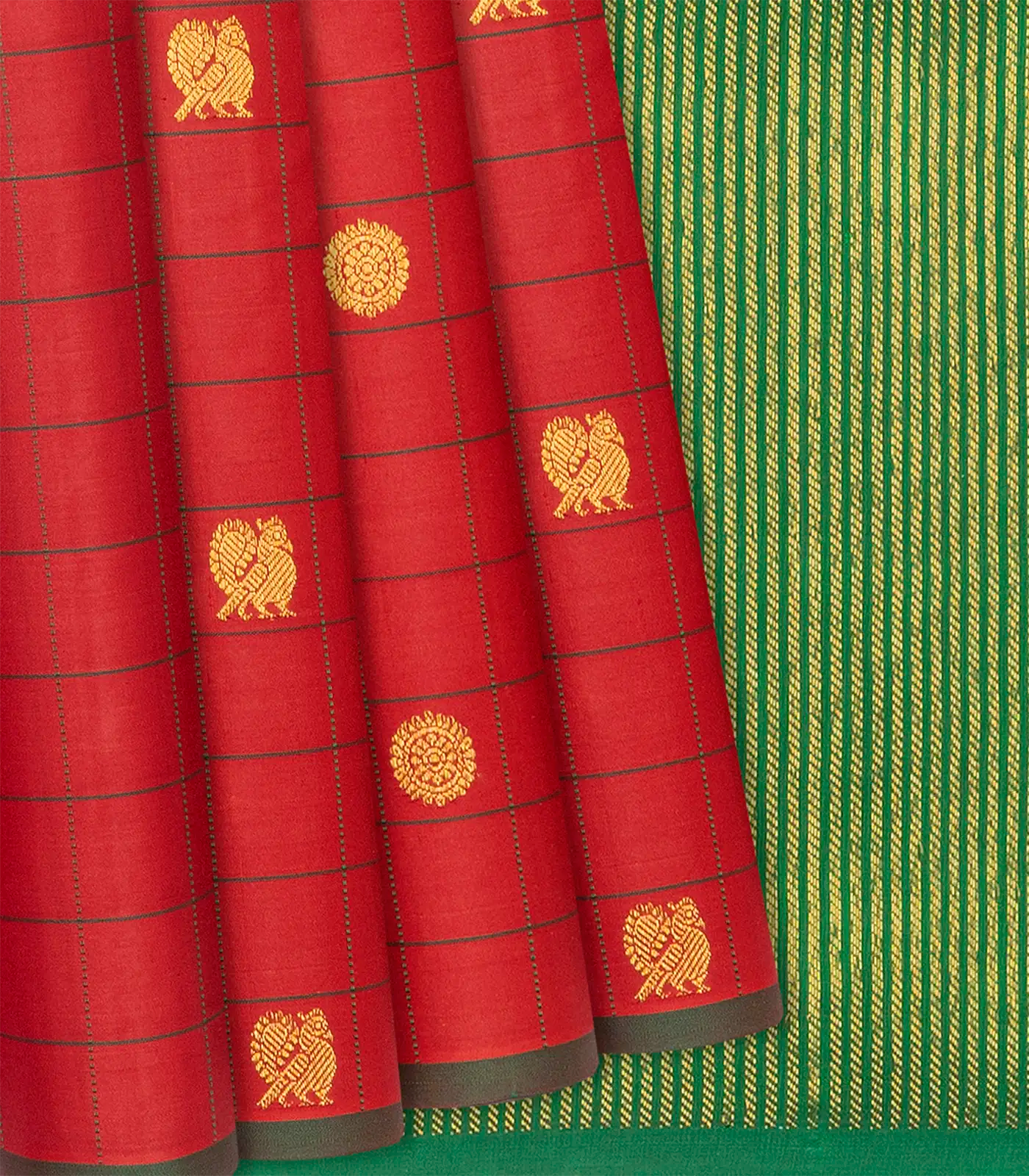 Crimson Handloom Kanchipuram Silk Saree With Annam Buttas & Checks-Crimson