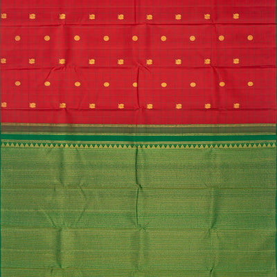Crimson Handloom Kanchipuram Silk Saree With Annam Buttas & Checks-Crimson