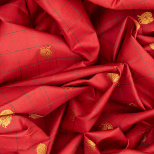 Crimson Handloom Kanchipuram Silk Saree With Annam Buttas & Checks-Crimson
