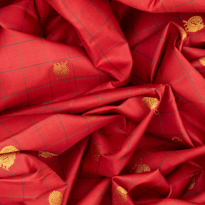 Crimson Handloom Kanchipuram Silk Saree With Annam Buttas & Checks-Crimson