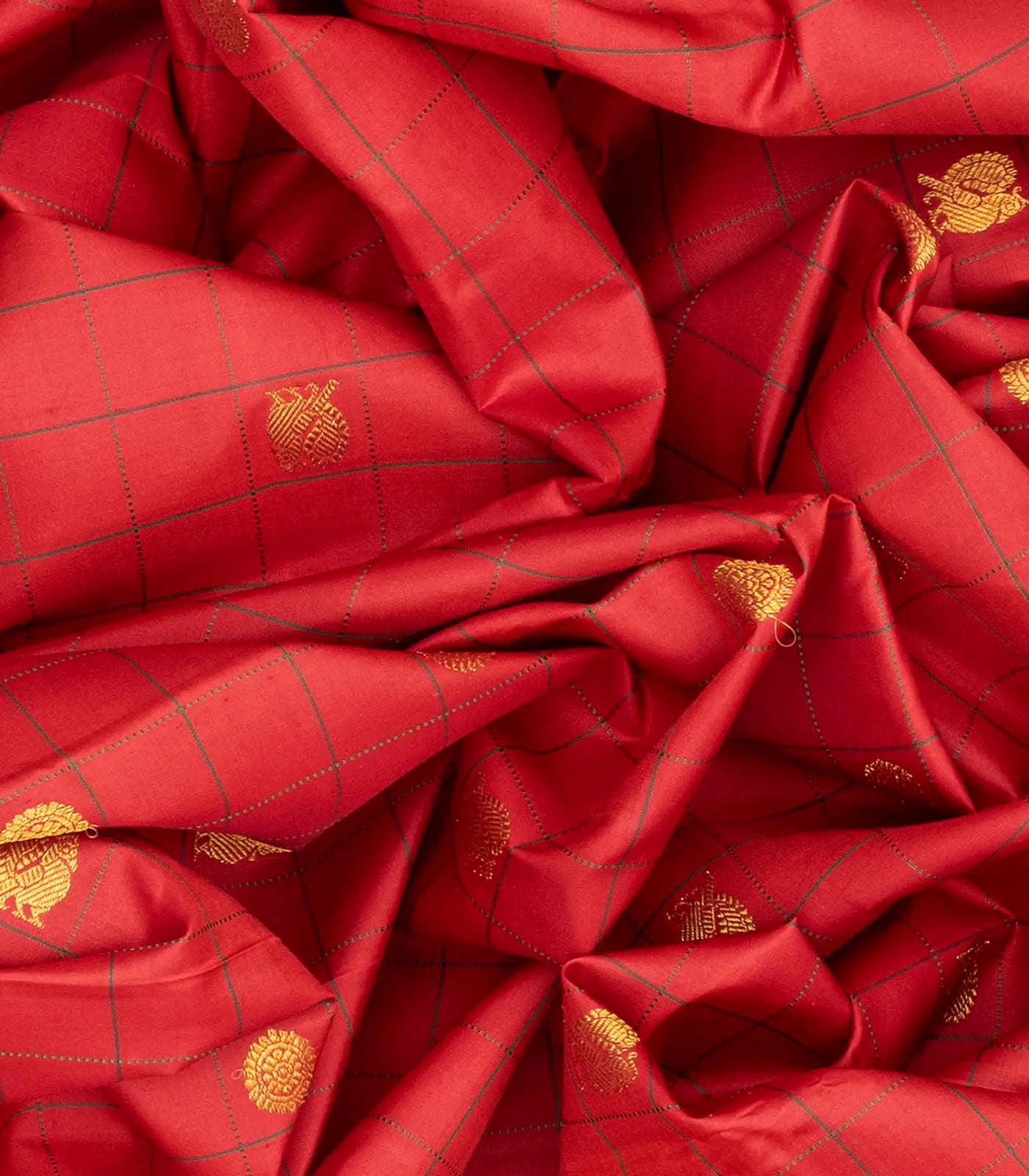 Crimson Handloom Kanchipuram Silk Saree With Annam Buttas & Checks-Crimson