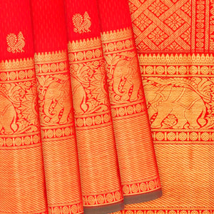 Red Handloom Kanchipuram Silk Saree With Annam Buttas -Red