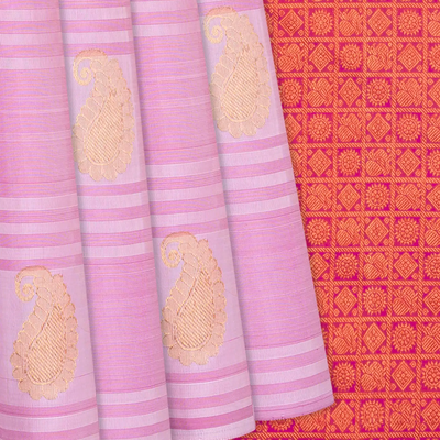 Baby Pink Handloom Kanchipuram Payadi Silk Saree With Mango Buttas-Baby Pink
