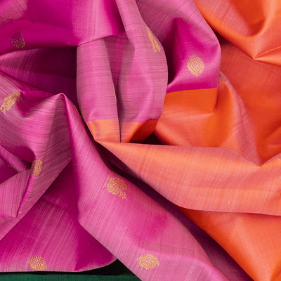 Peach & Pink Handloom Kanchipuram Half & Half Silk Saree With Annam Motifs-Peach