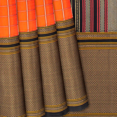 Orange Handloom Kanchipuram Korvai Silk Saree With Meena Checks-Orange