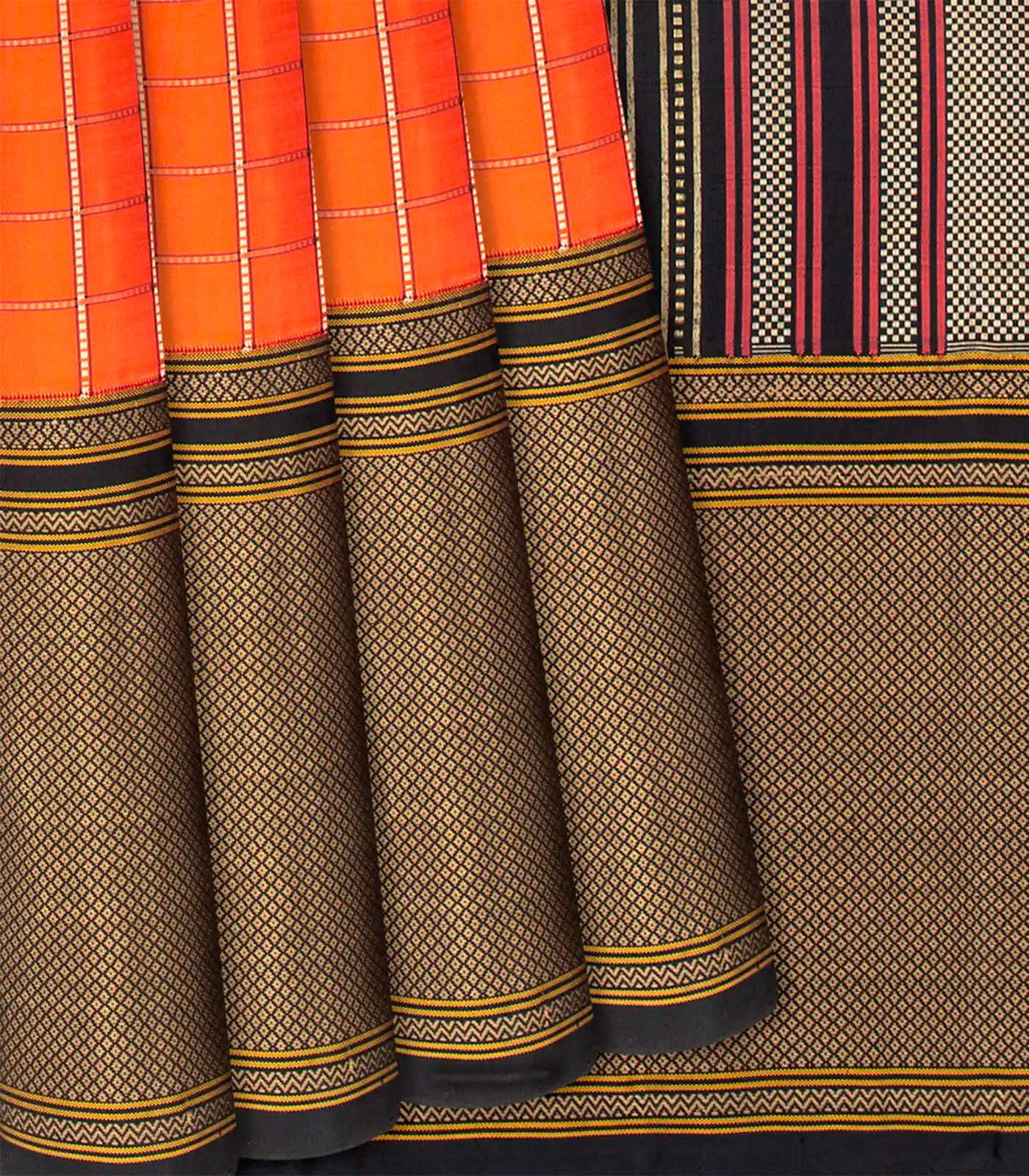 Orange Handloom Kanchipuram Korvai Silk Saree With Meena Checks-Orange