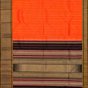 Orange Handloom Kanchipuram Korvai Silk Saree With Meena Checks-Orange