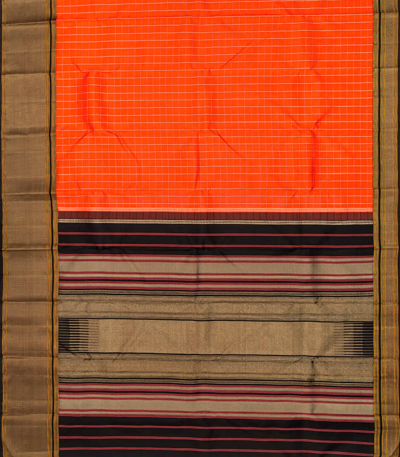 Orange Handloom Kanchipuram Korvai Silk Saree With Meena Checks-Orange