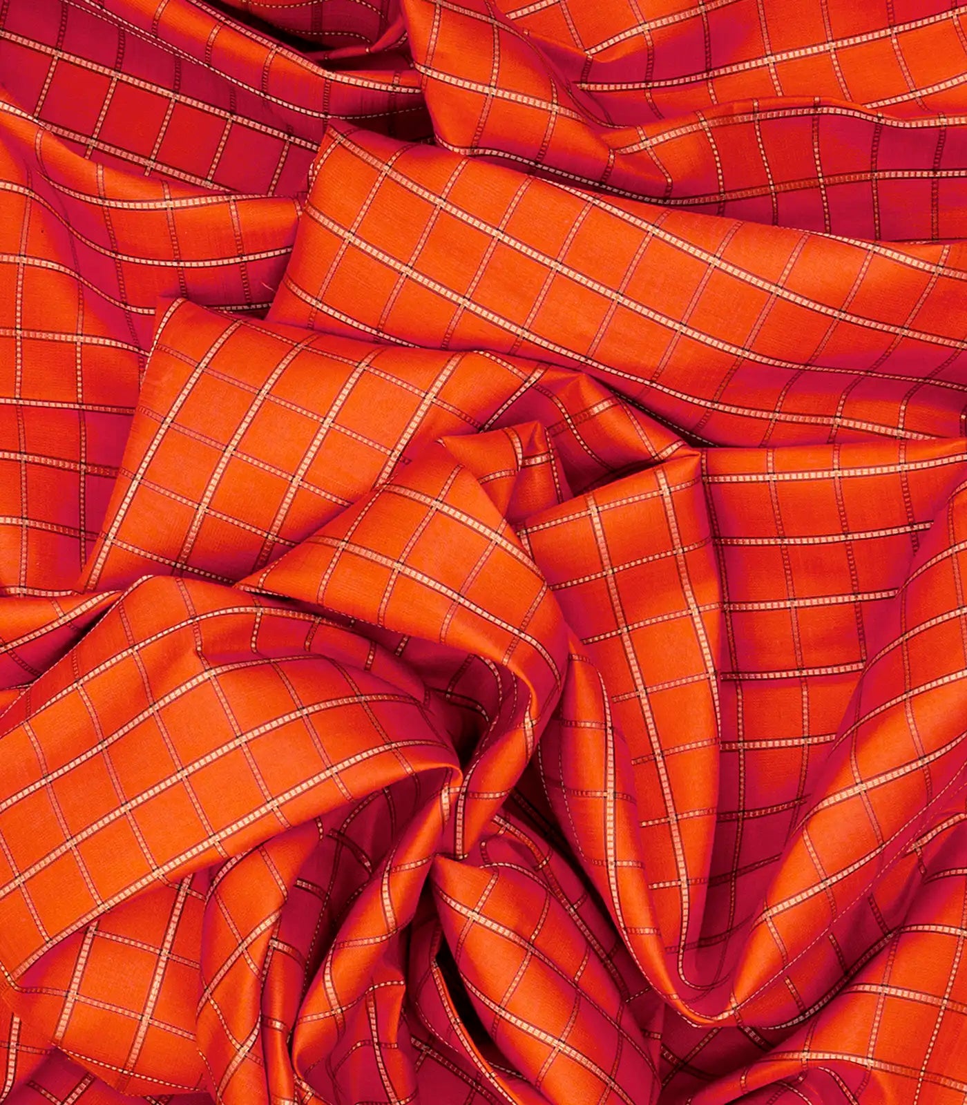 Orange Handloom Kanchipuram Korvai Silk Saree With Meena Checks-Orange